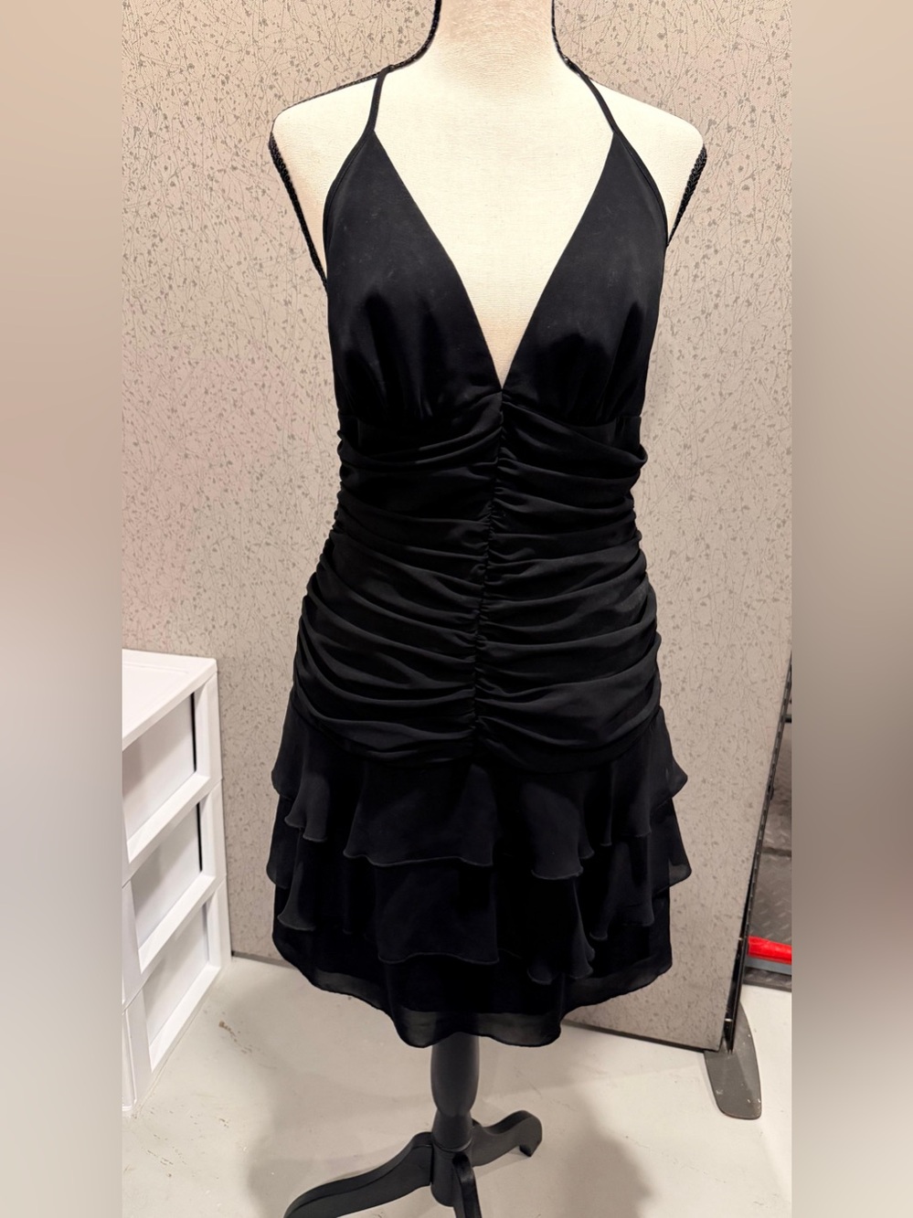 Black Ruched V-Neck Tiered Cocktail Dress